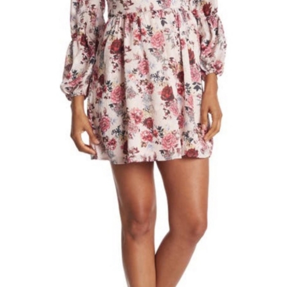 NWT Floral-Print Square Neck Long Ballon Sleeves Mini Dress sz Small - Picture 2 of 7